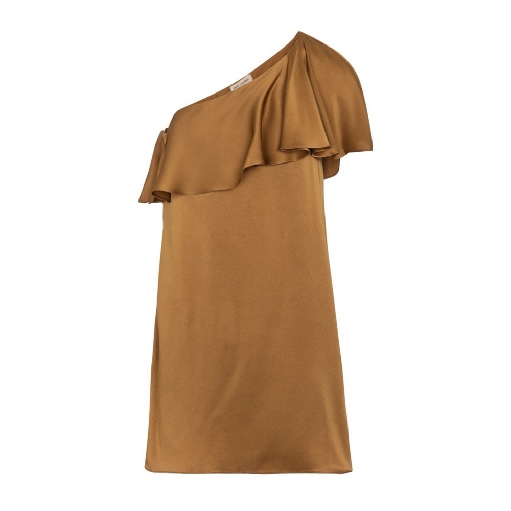 Saint Laurent Gold Satin One Shoulder Ruffle Mini Dress FR 38 US 6 NWT Cocktail - Picture 5 of 16